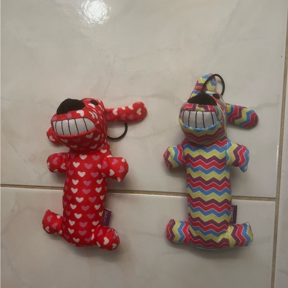 Multipet Dog Squeak Toys (2 toys)- Red Dog with Hearts & Multicolored Dog
